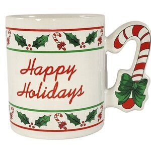 Vintage 1985 Enesco Happy Holidays Coffee Cup Mug Candy Cane Handle Christmas